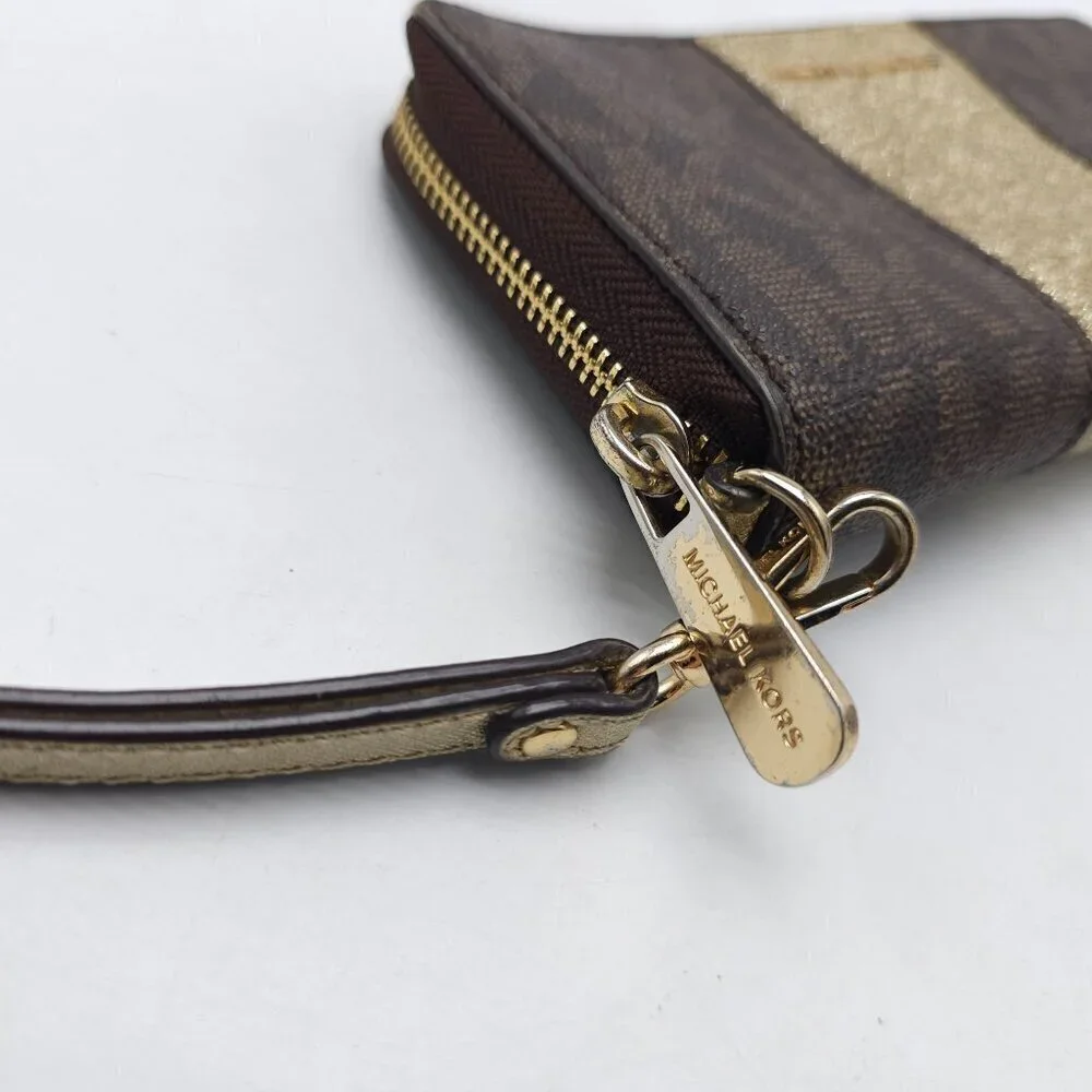 Michael Kors Brown Gold Glitter Wristlet Wallet With Zip Closure